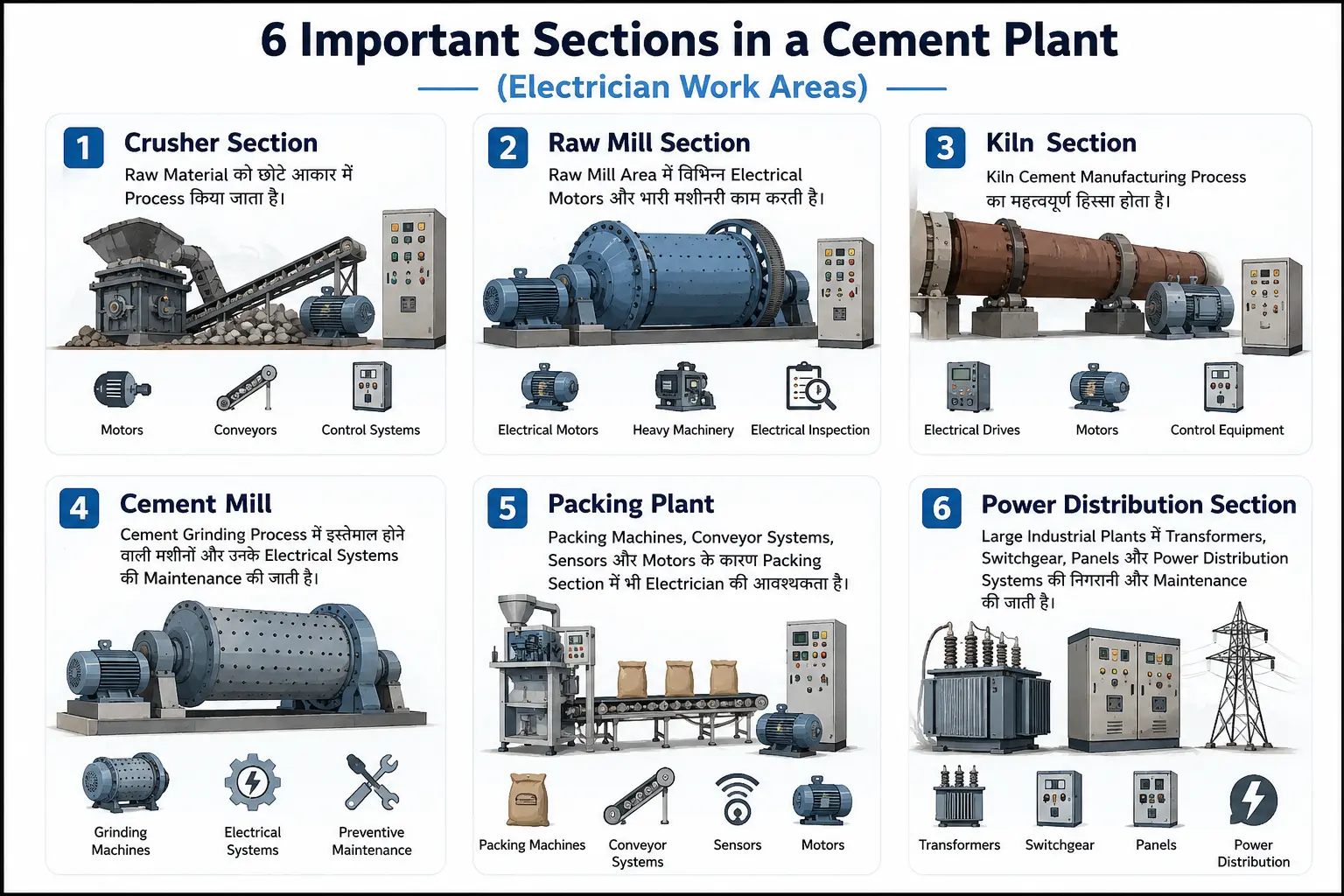 Cement Plant Electrician Job 2026 - Crusher Raw Mill Kiln Cement Mill Packing Plant and Power Distribution Electrical Maintenance