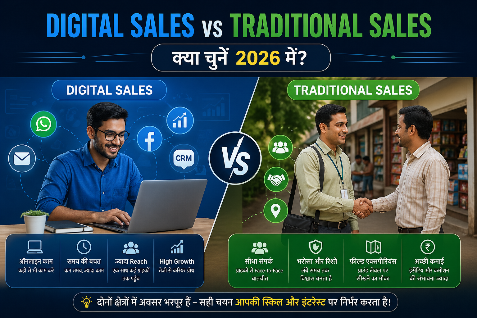 Digital Sales vs Traditional Sales comparison infographic showing career growth, skills and future scope in 2026