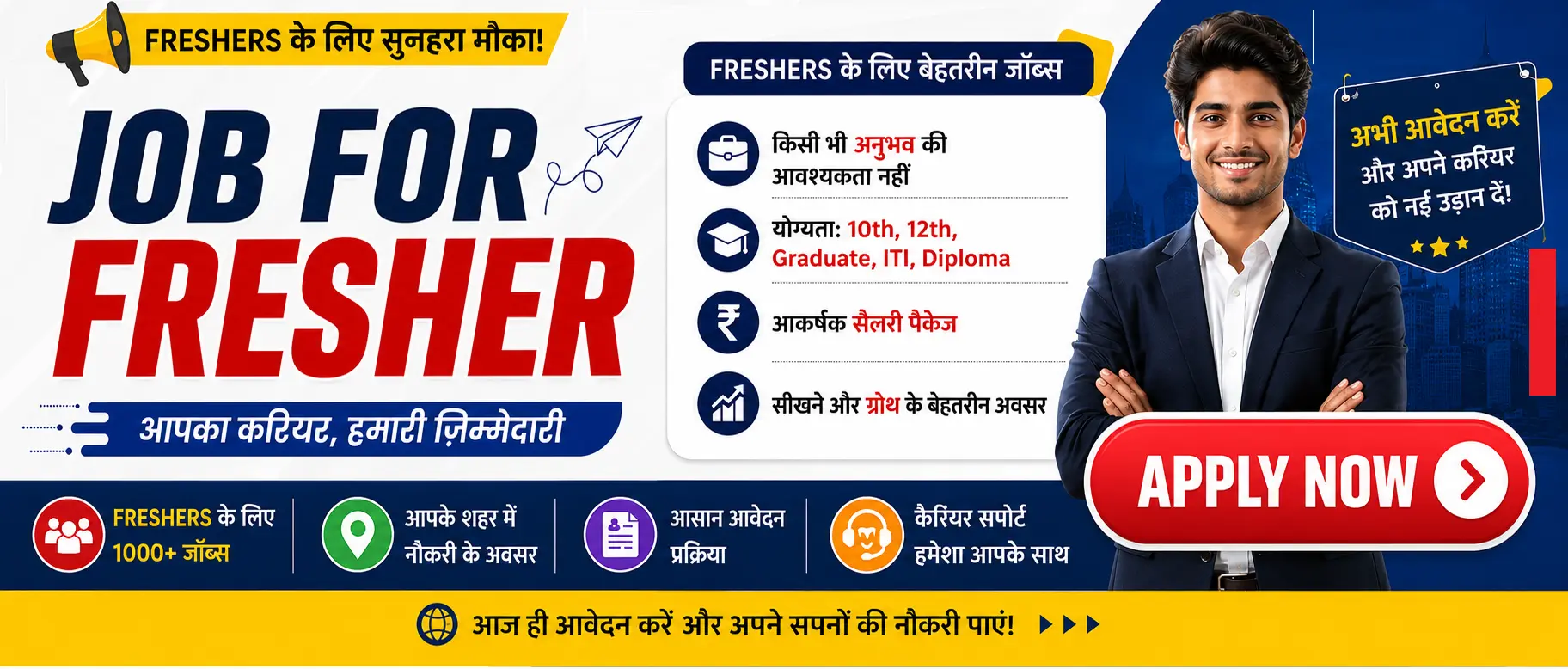 फ्रेशर जॉब कैसे ढूंढें | Job for Fresher - Apply Now | Freshers Jobs Banner